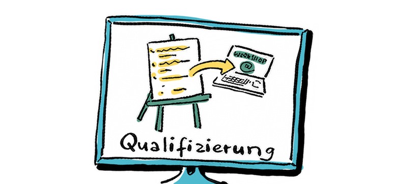 Grafik mit weißem Flipchart, auf dem "Qualifizierung" steht